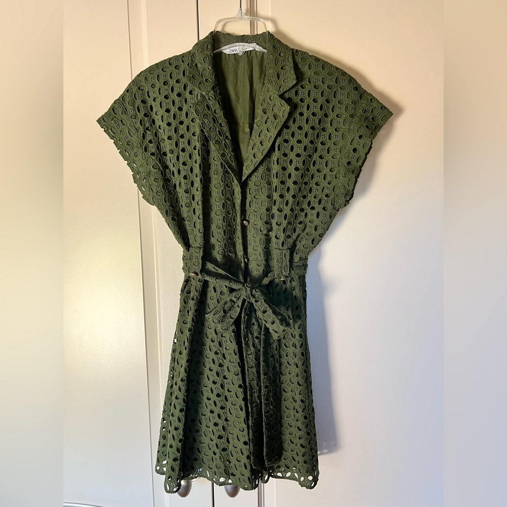Zara Olive Green Eyelet Cotton Belted Shirt Dress